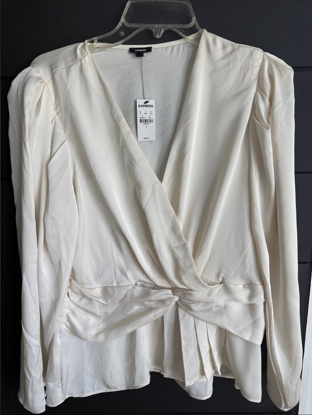 Express Cream Long-Sleeve Wrap Elegant Blouse